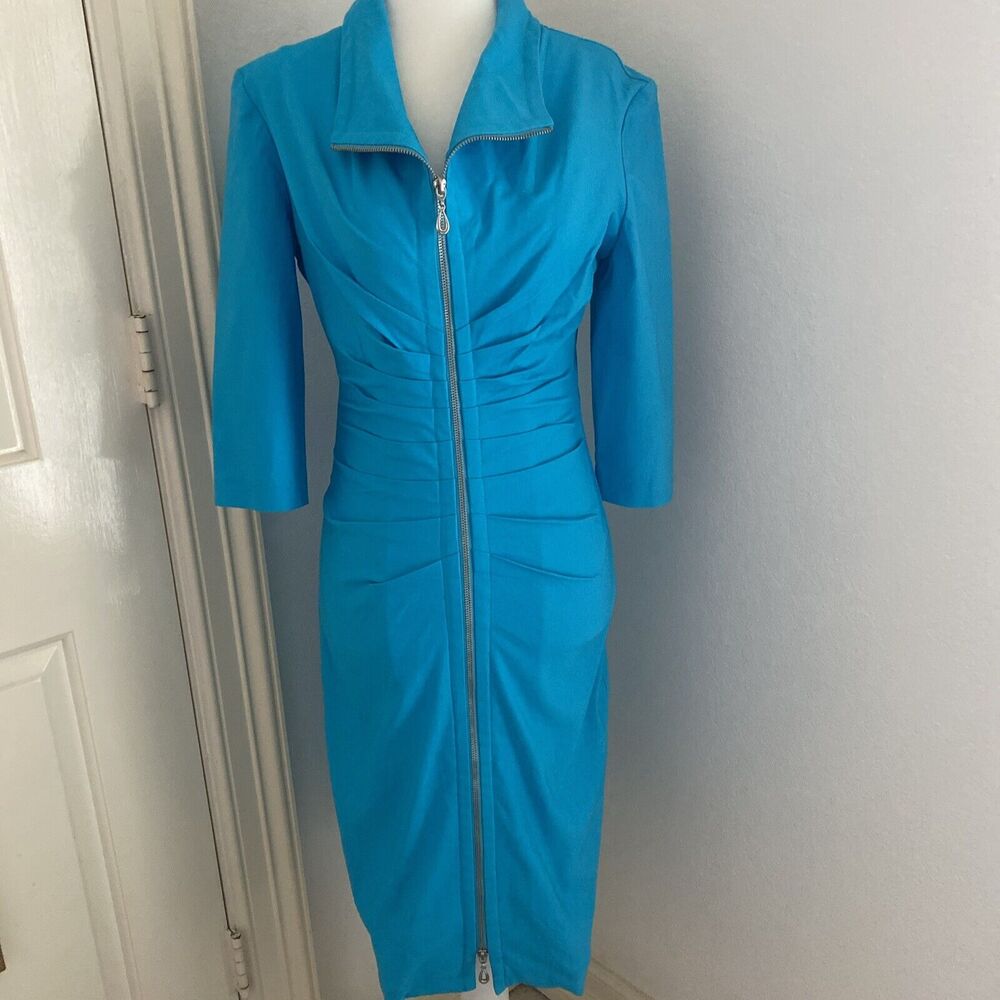 Vintage Joseph Ribkoff Women's US 4 Ruched Two Way Zipper Teal Blue 3/4 Sleeves